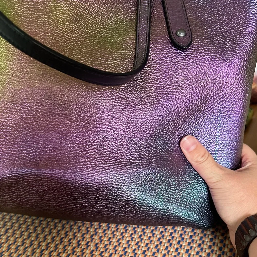 Coach Iridescent Green and Purple Pebbled Leather Tote - Picture 4 of 8